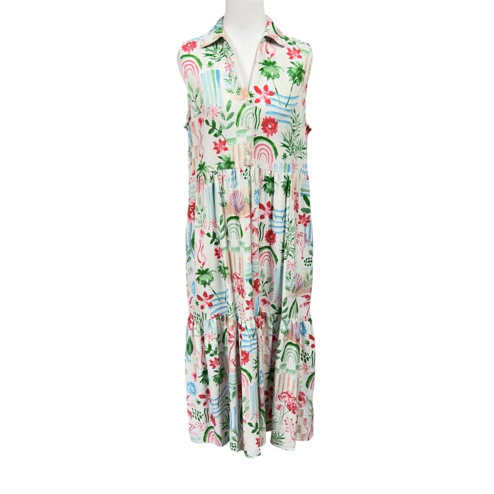 Jane & Delancey DIY Sleeveless Tropical Print Collared V Neck Midi Dress Sz L